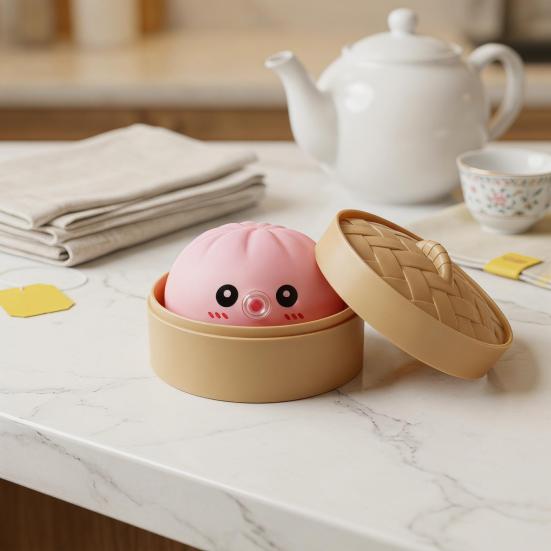 12Pcs Bubble Blowing Steamed Bun Cartoon Dumpling Sensory Toy with Steamer Pinch Fidget Toy Stress Relief