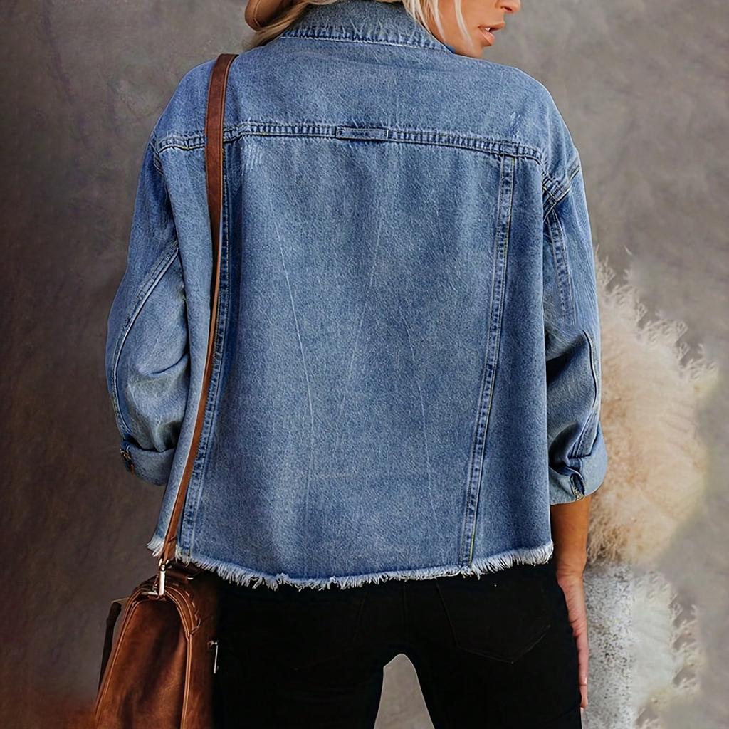 Женская джинсовая куртка с длинным рукавом, базовая укороченная повседневная джинсовая куртка с лацканами на пуговицах