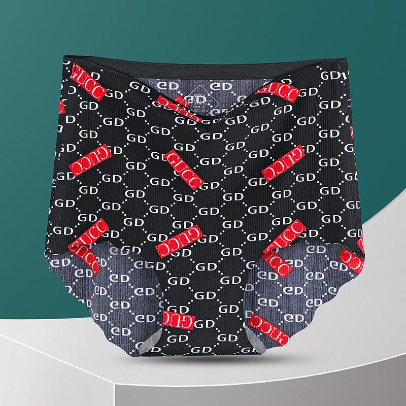 Printed Seamless High Waisted Underwear for Women Made Silk Waist Cinching Hip Lifting Design Large Size Summer Thin Cotton Crotch Triangle Panties