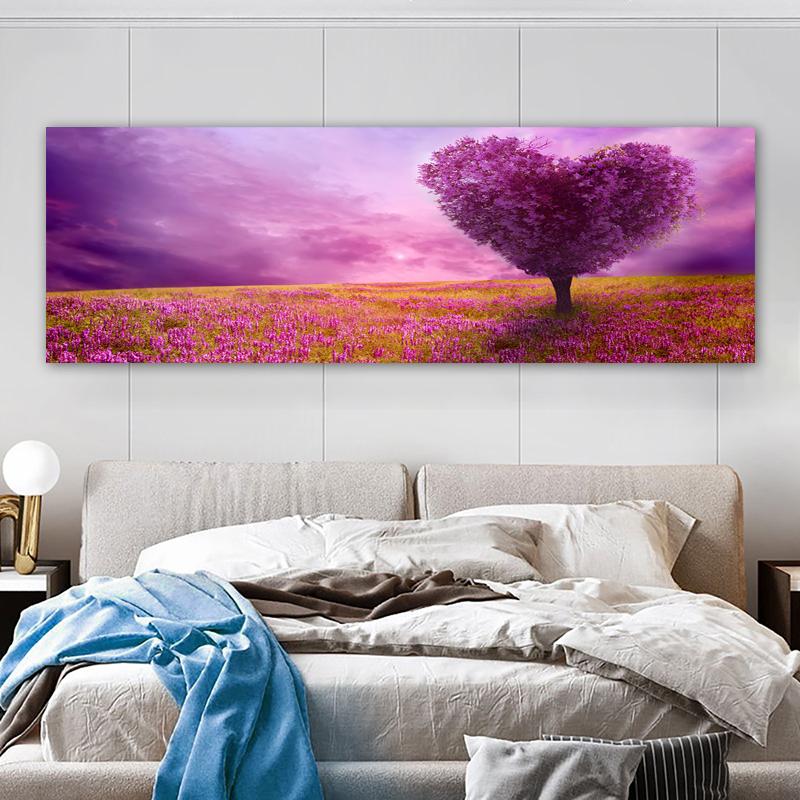 Современная панорамная картина на холсте с изображением цветочного поля на закате в ярких зеленых и красных тонах