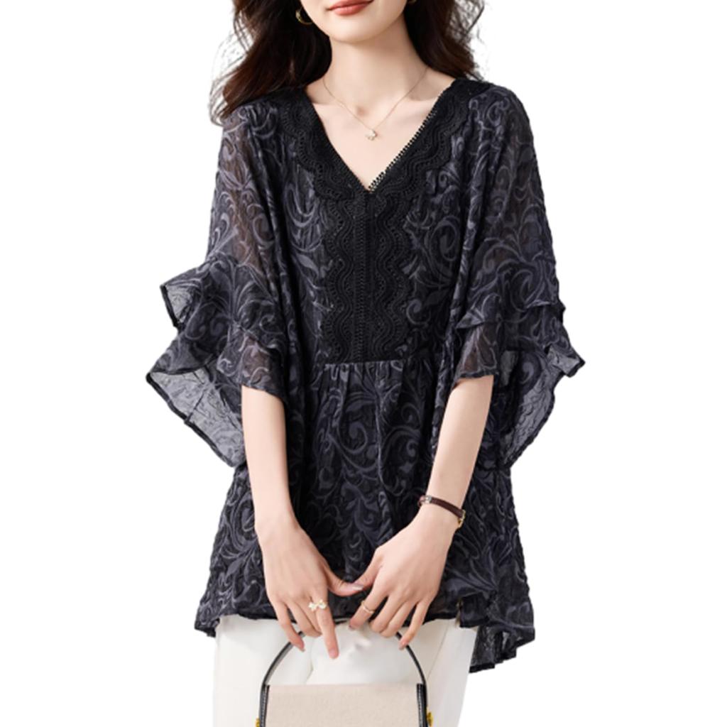 Blouses for Short Sleeve Lace Flared Floral Loose Large [JoccKorr] Women, Shirts, T-Shirts, V-Neck, Chiffon, Switching, Sleeves, Tops, Pattern, Cute,