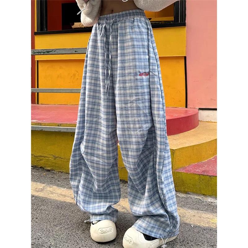 Women's Pants Large Size Casual Pants Plaid Straight Pants Loose Casual Pants