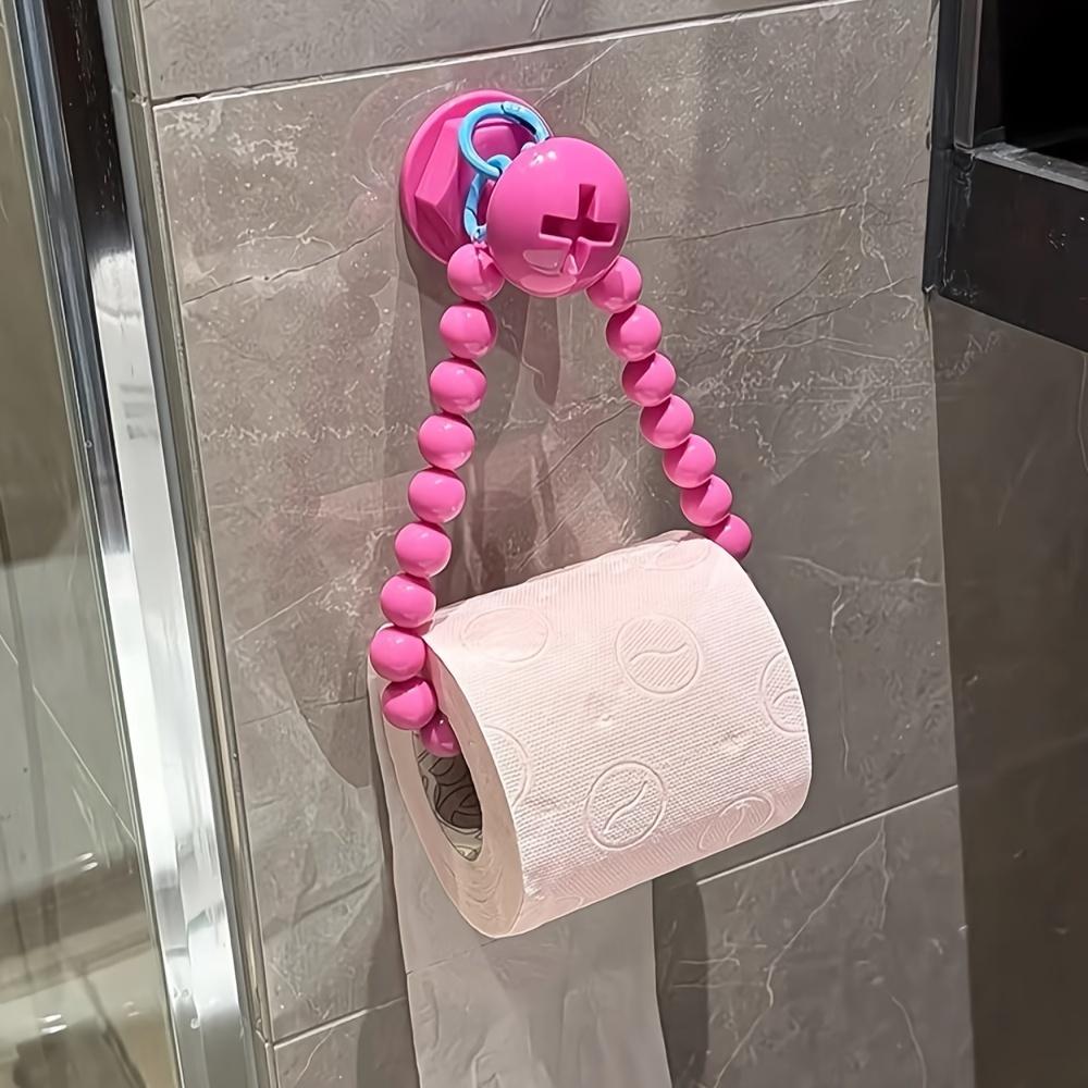 Self-Adhesive Toilet Paper Holder with Beaded Chain, no-drill wall-mounted, space-saving. Pink & yellow, ideal for modern decor and holiday gifts.