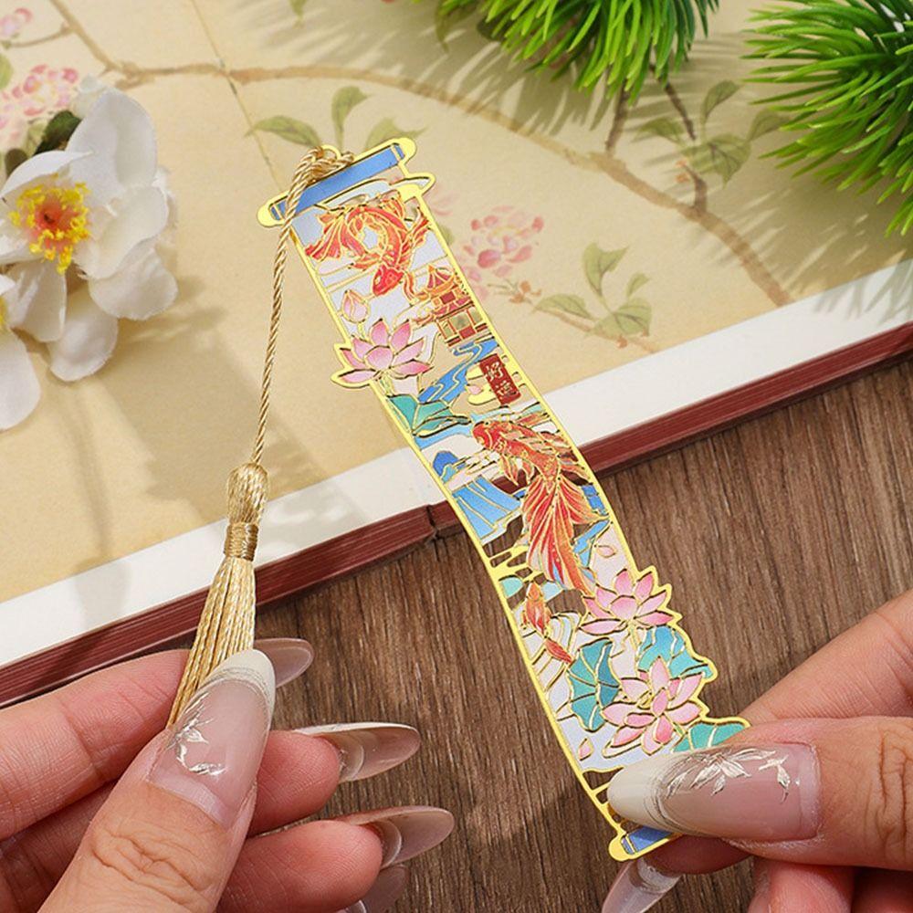 Chinese Style Metal Bookmarks Portable Students Reading Tool Hollow Hot Stamping Bookmark Long Tassel Bookmarks Stationery Gifts