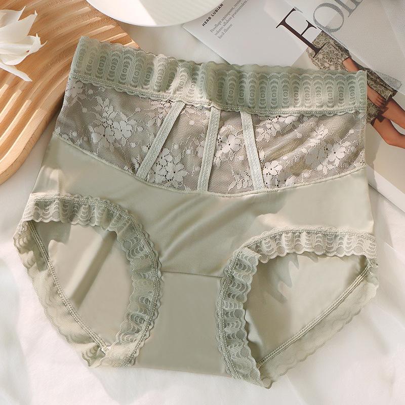 High Waist Satin Retro All-match Hollow Lace Splicing Pure Cotton Silk Antibacterial Crotch Large Size Women's Briefs