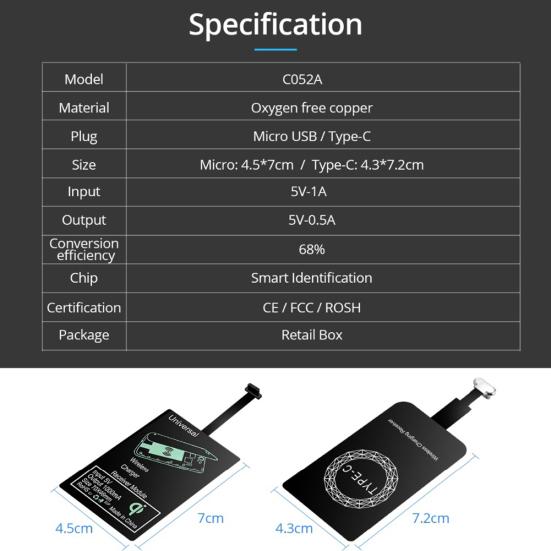Портативный липкий USB Type-C Qi беспроводной зарядный приемник для iPhone Android