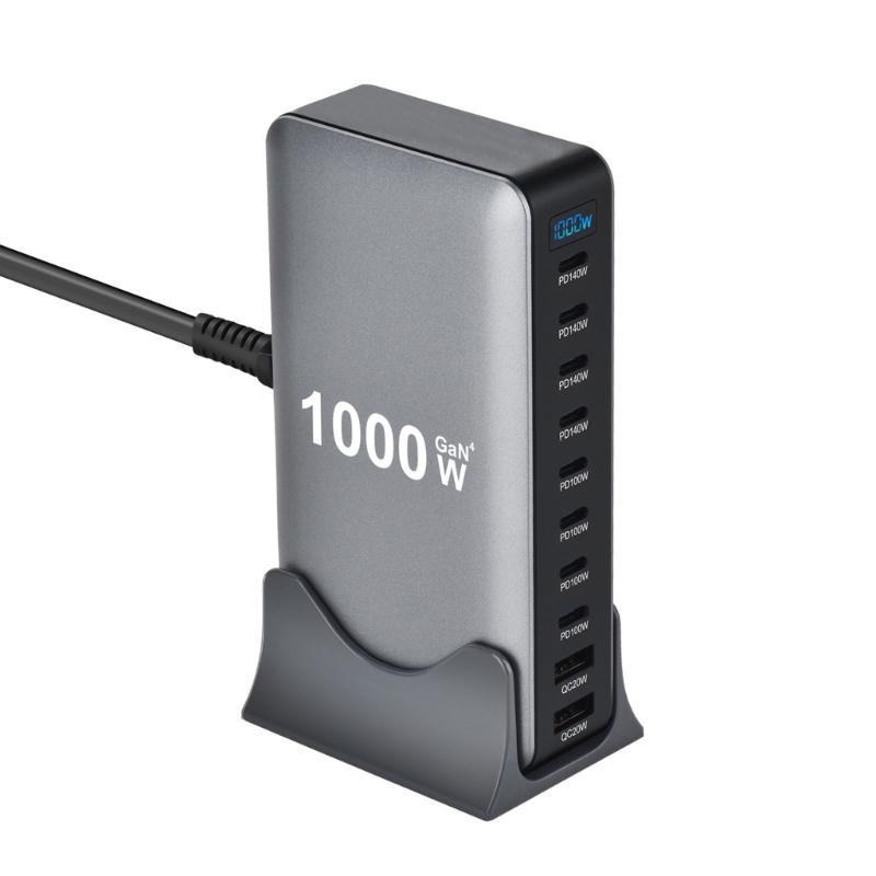 10-портовое USB-C зарядное устройство 1000 Вт, технология нитрида галлия, универсальная совместимость, компактный дизайн для нескольких электронных устройств