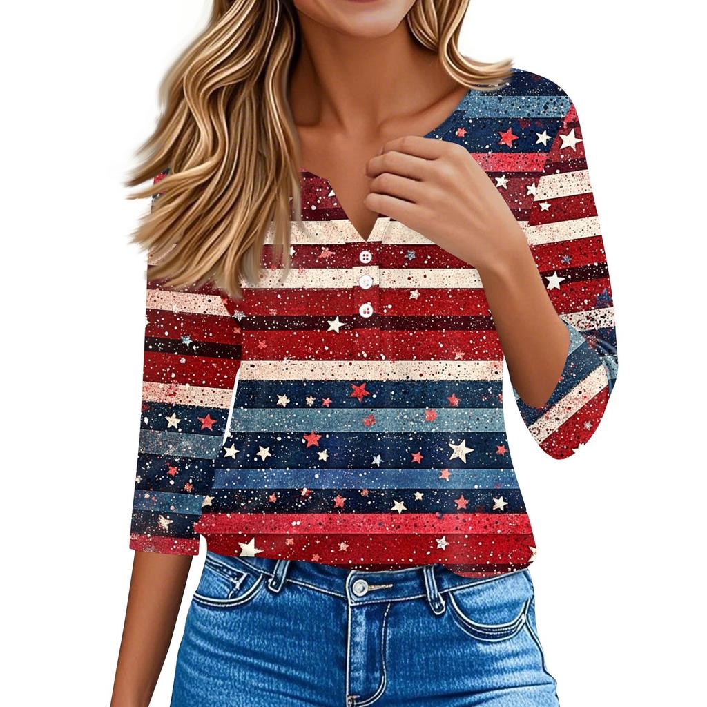 Women's T Shirt Tee Independence Day Printed Button  3/4 Sleeve Tunic Daily Weekend Fashion Basic V- Neck Regular Top