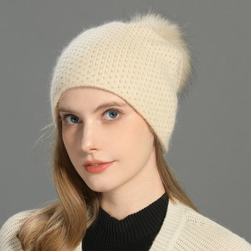 Versatile rabbit velvet knitted hat women's bright silk solid color outdoor wool hat fashion warm ear protection windproof