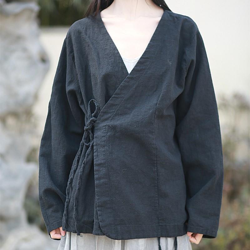 Johnature Women Chinese Style V-Neck Long Sleeve Autumn Solid Color Belt Coats