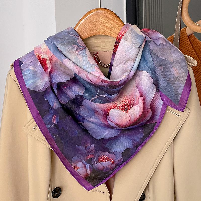 Chinese style burgundy peony silk scarf scarf 71 small square scarf women's spring and autumn double-sided thin scarf mother gift
