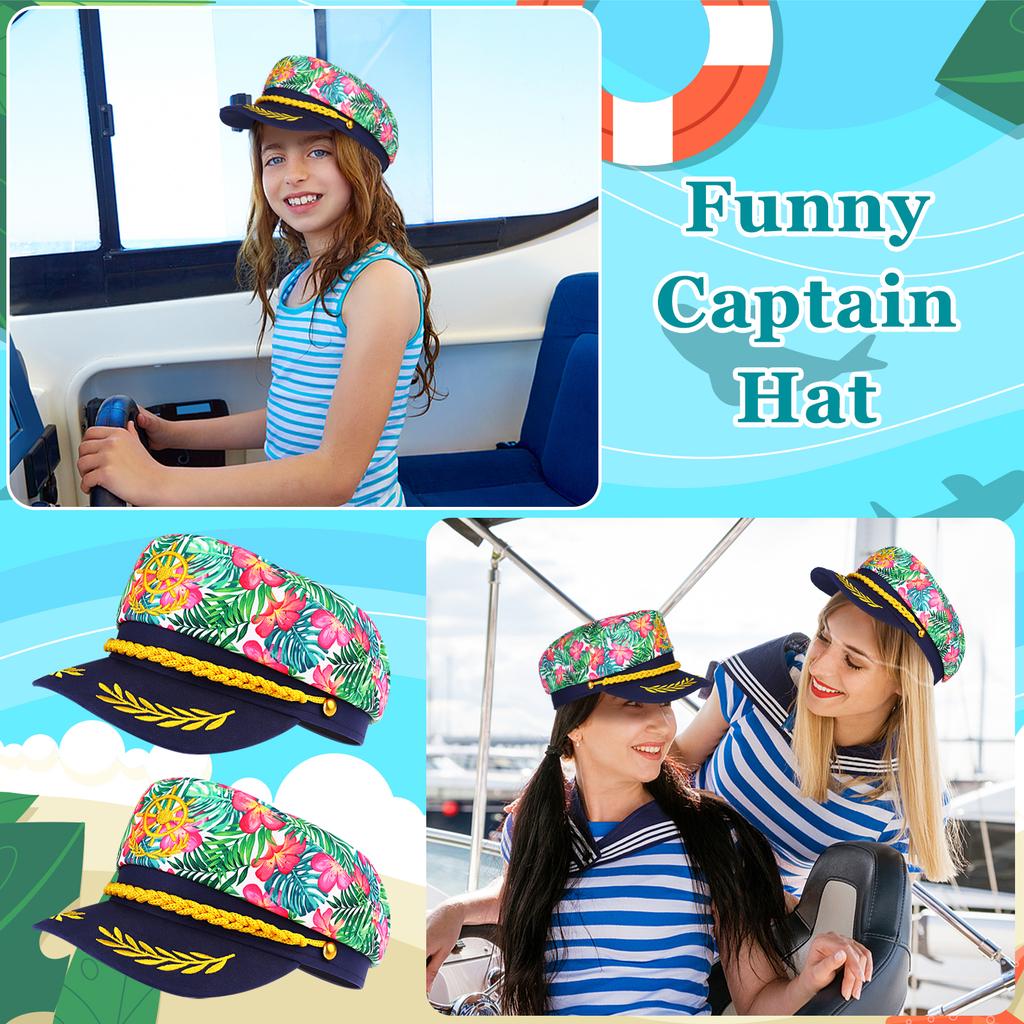 4 шт. Гавайские Цветочные Капитанские Шляпы - Регулируемые Шляпы Яхтенного Матроса Для Хэллоуина, Катания на Лодке, Морских и Вечеринок - Темно-Синие Вышитые Костюмы