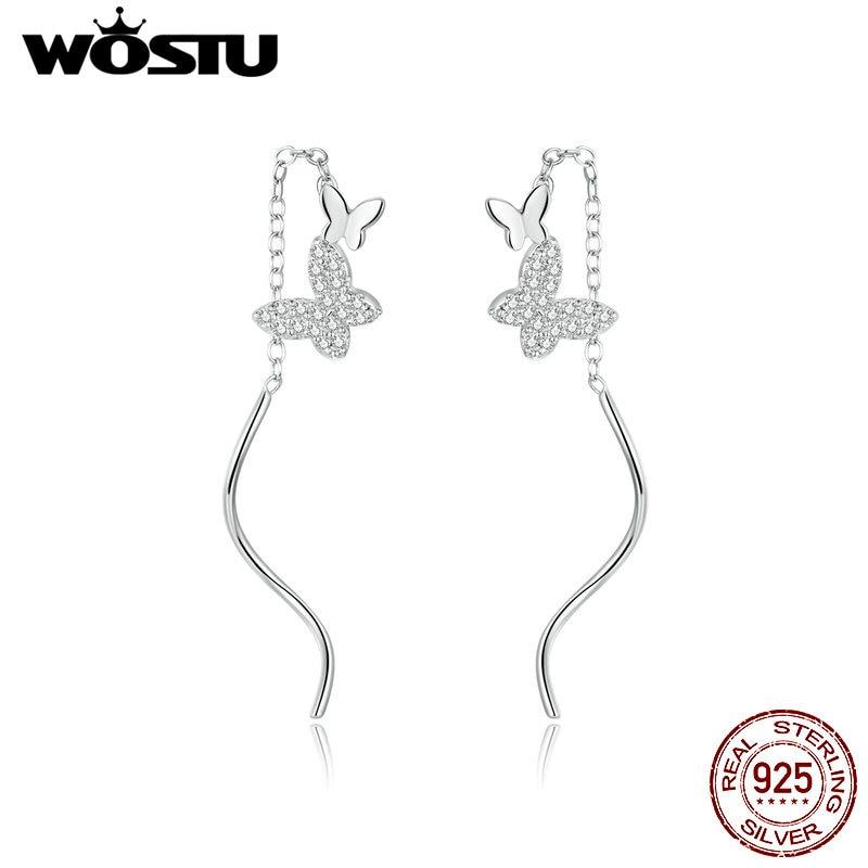 WOSTU 100% 925 Sterling Silver Flying Butterflies Drop Earrings Long CZ Butterfly Dangle Earrings For Women Jewelry