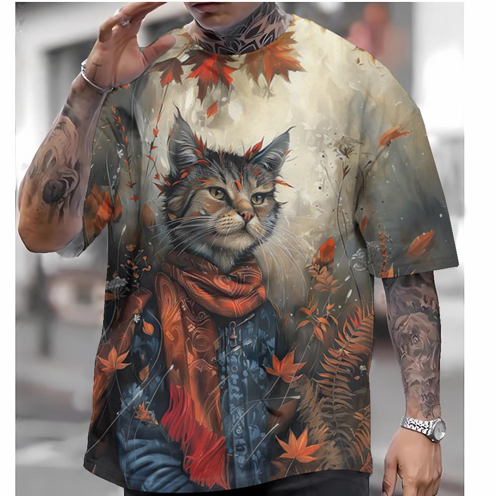 Men's Japanese T-shirt Autumn Samurai Cat Pattern T-shirt 3D Printing