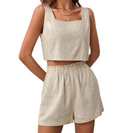 Женский комплект из двух предметов из хлопка и льна, укороченный топ без рукавов с открытой спиной и широкими шортами, летний повседневный наряд, подходящая домашняя одежда