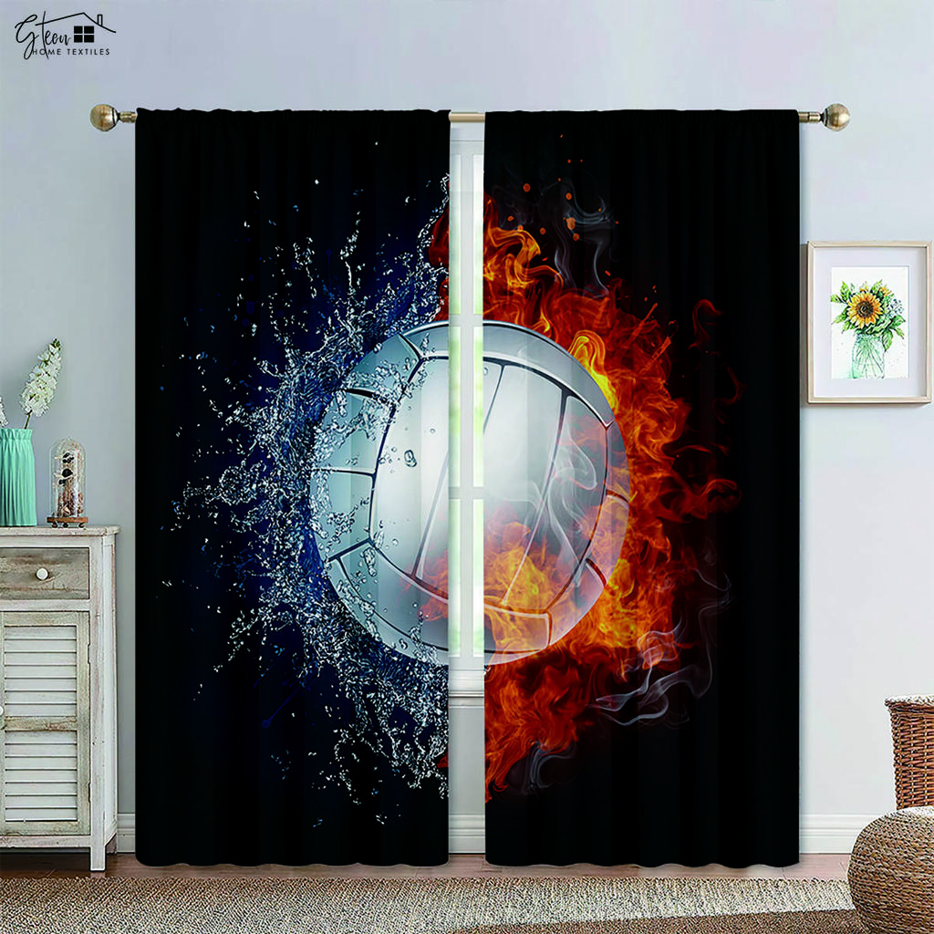 Basketball Football in Water and Fire Black Printed Curtain Rod Pocket Design Machine Washable Bedchamber Living Area Decorative Curtains