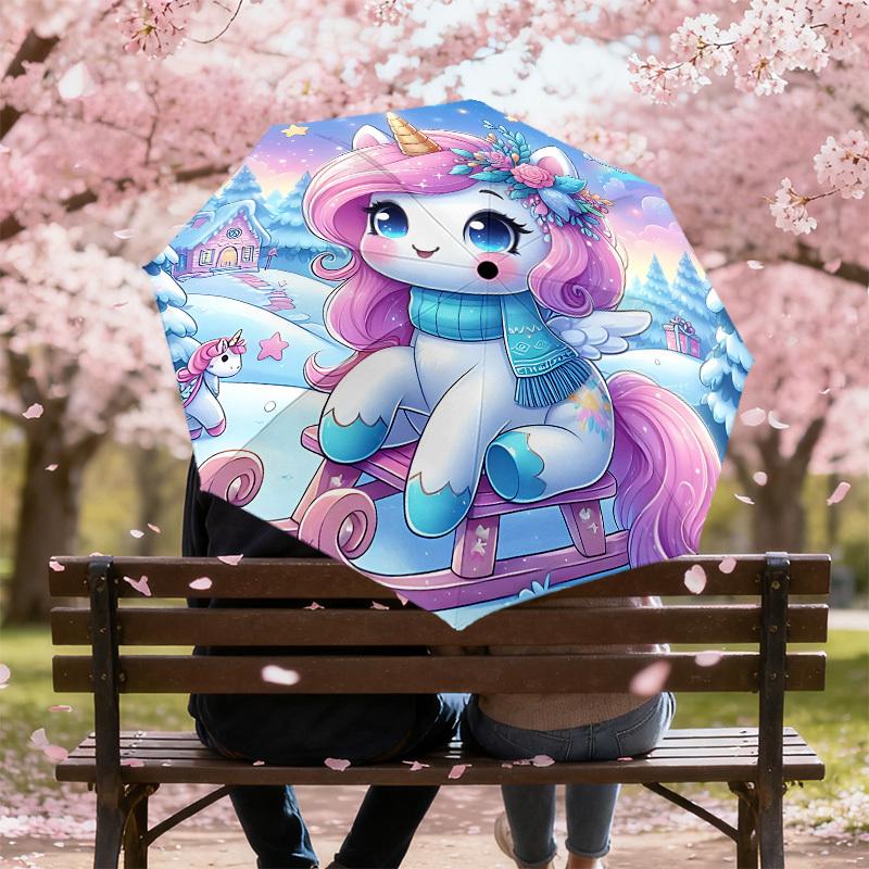 1PC Unicorn Winter Automatic Open/Close Umbrella with Windproof, 8-Rib Sturdy Canopy, Durable Ribs, Fashionable Design, Outdoor Accessory, Fun Prin, H