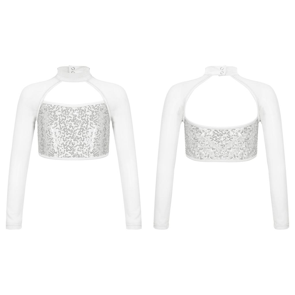 Костюм для танцевальной гимнастики, детский укороченный топ с длинными рукавами и блестящими пайетками для девочек, с открытой спиной