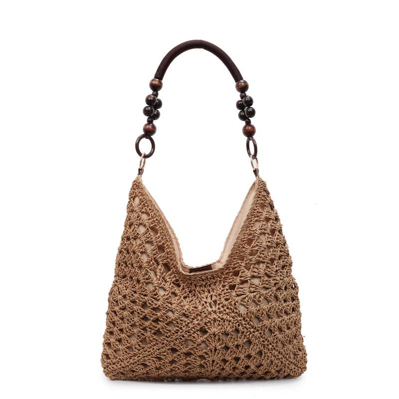 Woven Tote Bag For Women Summer Beach Fashion Large Capacity With Color Blocked Bead Decoration