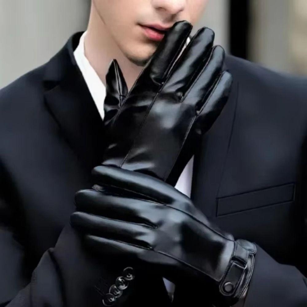 Keep Warm Men's PU Leather Gloves Windproof Motorcycle Full Finger Mittens Male Cycling Gloves Man