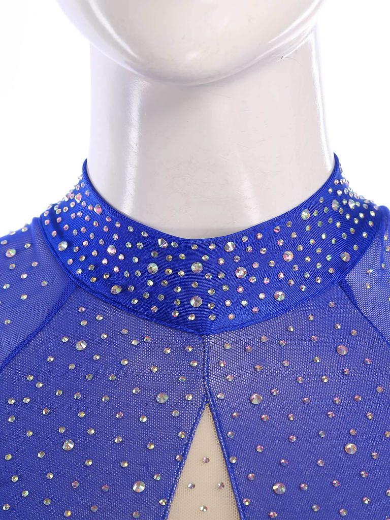 Женское блестящее платье для лирического танца со стразами, с длинным рукавом, открытой спиной, шифоновой юбкой с разрезом, цельный купальник-платье