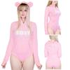 LittleForBig Unisex Cotton Pajama Romper Hoodie "Loose Bear" Print Bodysuit, Long Sleeves, Hooded, Pink, Size 2XL