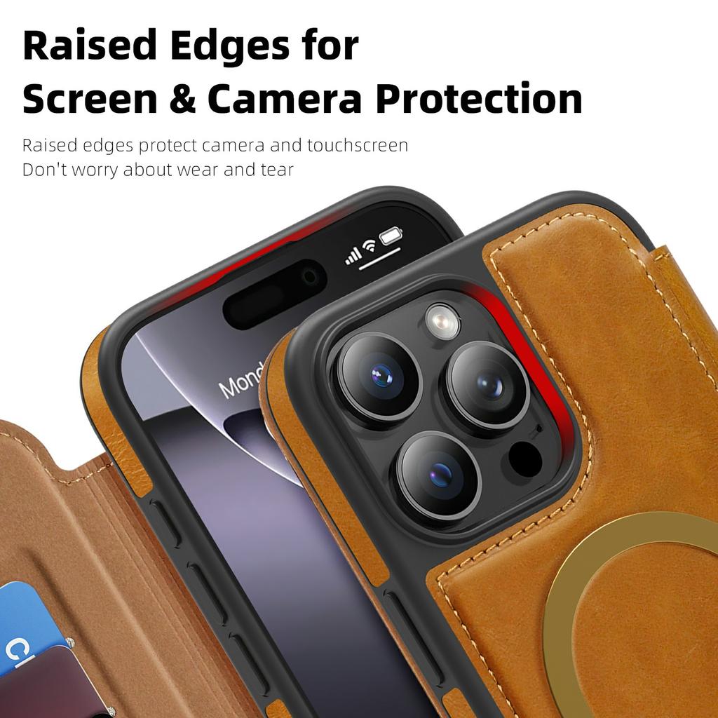 For iPhone 16 Pro Leather Case Compatible with MagSafe RFID Blocking Card Holder Phone Cover