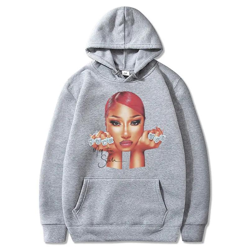 Модная толстовка с принтом лица рэперши Megan Thee Stallion, винтажный хип-хоп 90-х, мужская и женская, с флисовой подкладкой, оверсайз, повседневная, уличная одежда