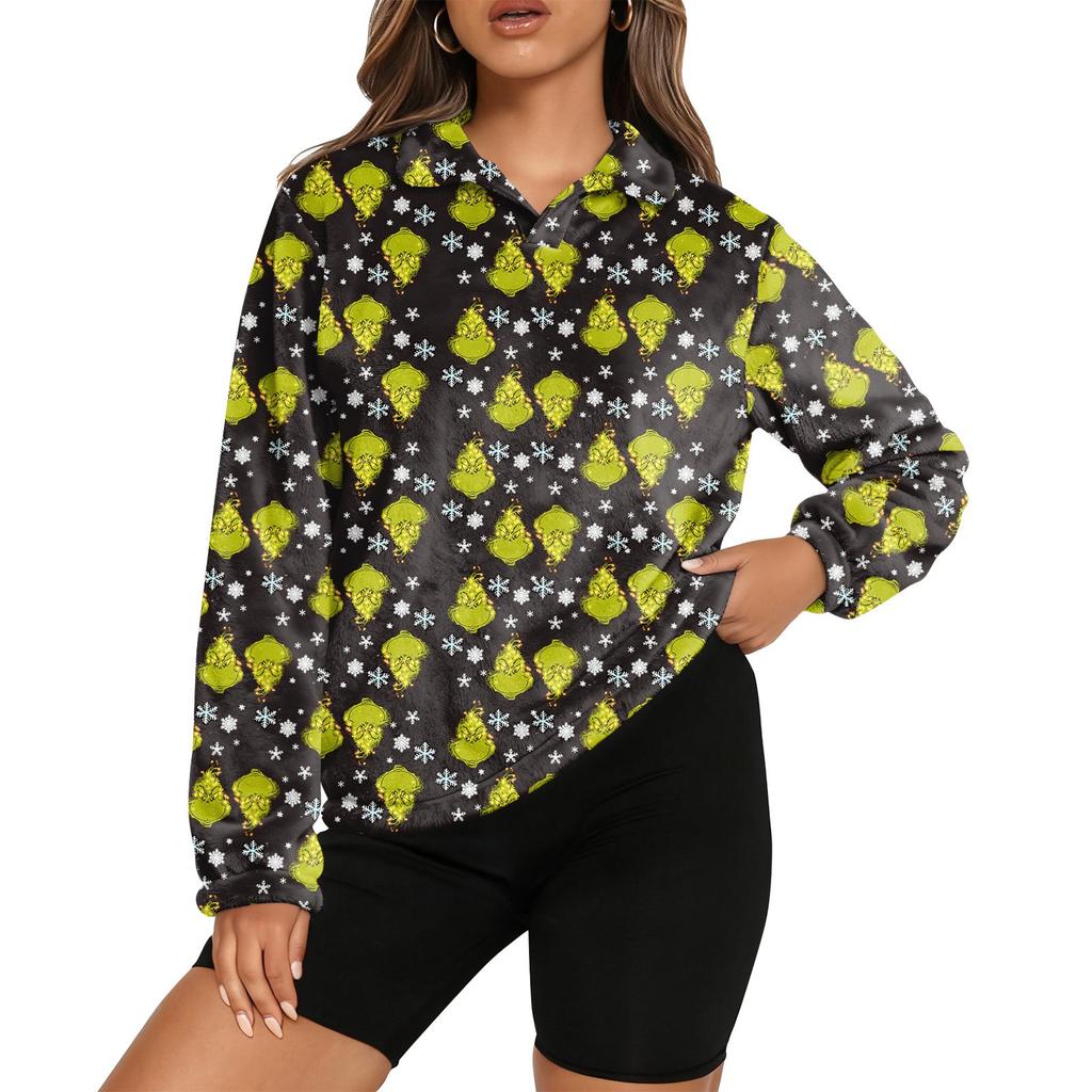 Women's Stand Collar Pullover Long Sleeve Top Christmas Print Sports Top