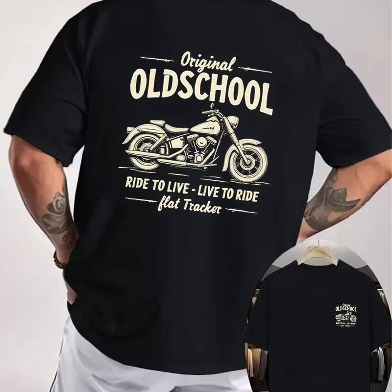 ВИНТАЖНАЯ Мотоциклетная Футболка с надписью OLD SCHOOL, Двусторонняя печать, Мужская, Летняя, С коротким рукавом, С круглым вырезом, Повседневные Топы
