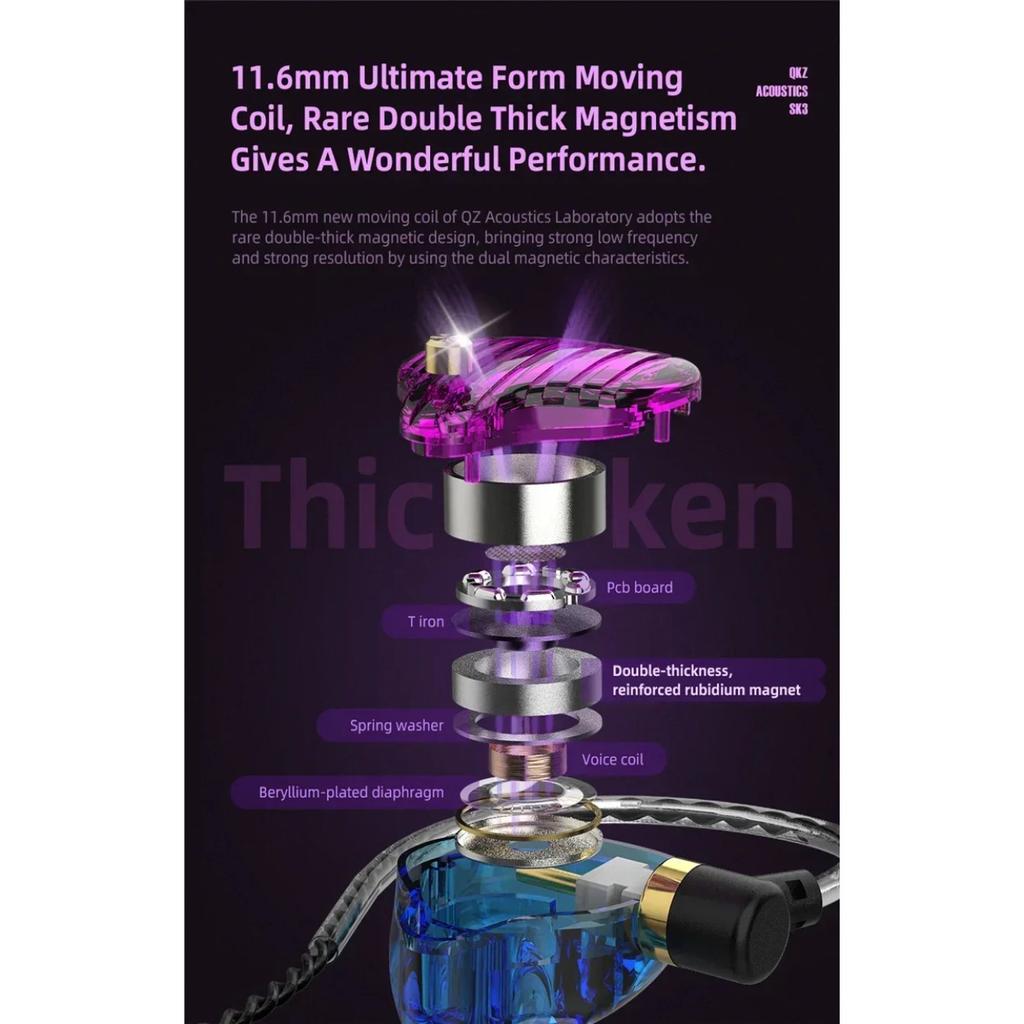 QKZ SK3 3.5mm Wired Earphone with Microphone HiFi Music Monitor Bass Headphone Noise Cancelling Headset for Sport Gaming Earbuds