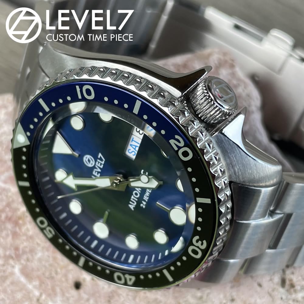 Handmade Japanese Watch 10 ATM Water Resistant Blue Sapphire Crystal NH36 Automatic Movement Watch LEVEL7 x Black Bezel Non-Reflective Diver's Men's