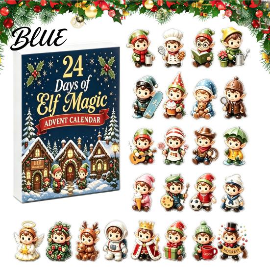 Durable Acrylic Holiday Patches Magic Elf Advent Calendar, 24 Day 2D Ornament Set with Christmas Decorative Hanging Charms Cute Mini Figures,