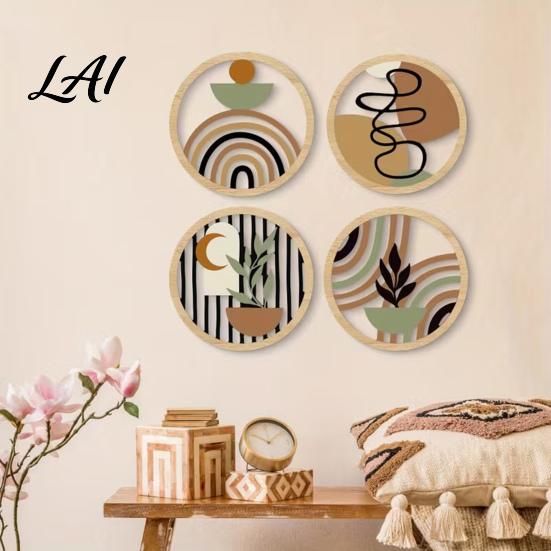 Natural Material Home Ornaments 4Pcs Boho Wooden Wall Art 2D Flat Round Hanging Signs Modern Geometric Wavy Circle Wood Decor Bohemian Plaques for