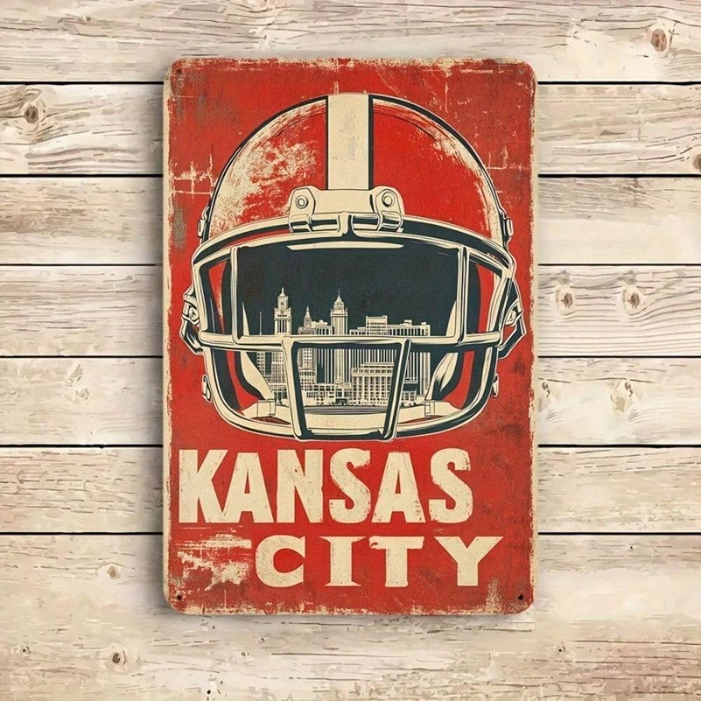 Винтажный футбольный шлем Kansas City Chiefs Металлическая настенная табличка 12x8 дюймов Ретро Декор для дома Всепогодный Уличный