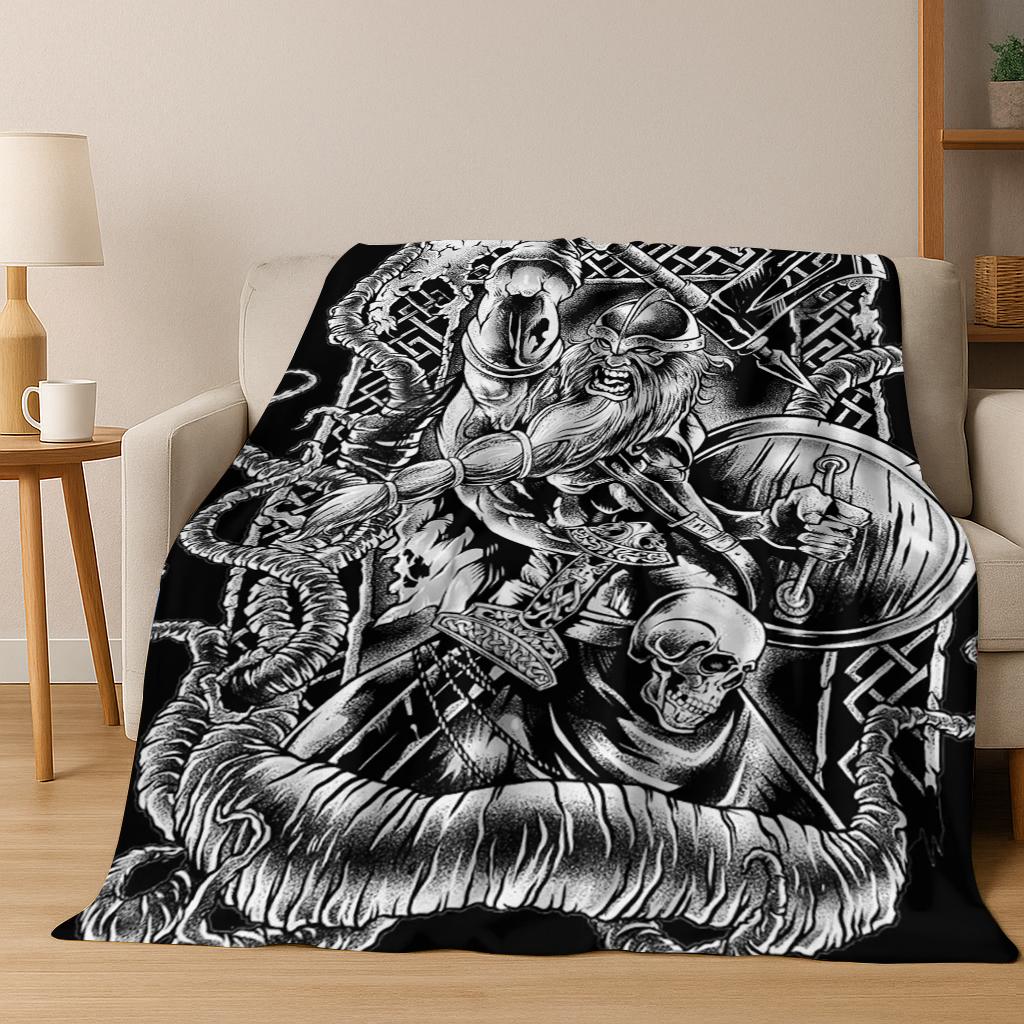 Viking Fenrir Raven Norse Mythology Skull Rune Flannel Blanket Soft Warm Blanket for Bedroom Room Office Travel Camping Picnic