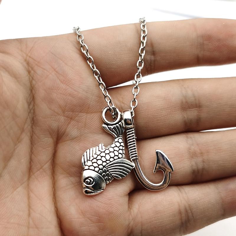 2020 Retro Fishing necklace Retro Necklaces For Cute Fish and Fish Hook Chain Punk Jewelry Fish hook Pendant Women's Gift