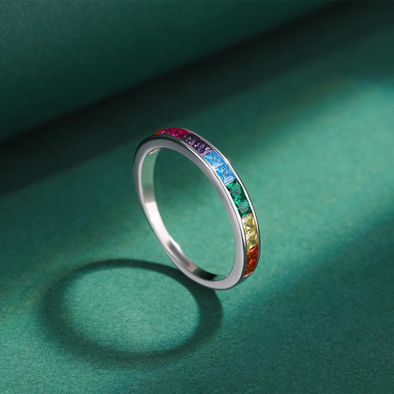 Stylish Rainbow Collection Square Full Of Zircon Couple Rings For Women Genuine Original Sterling S925 Silver Valentine Jewelry