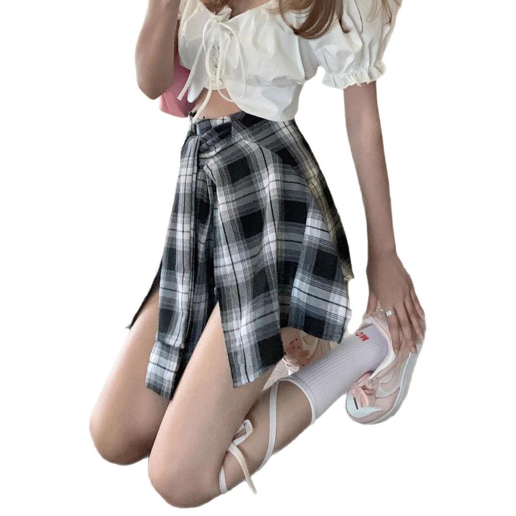 Женская черная клетчатая юбка-шорты А-силуэта 2025 года с асимметричным дизайном из двух частей