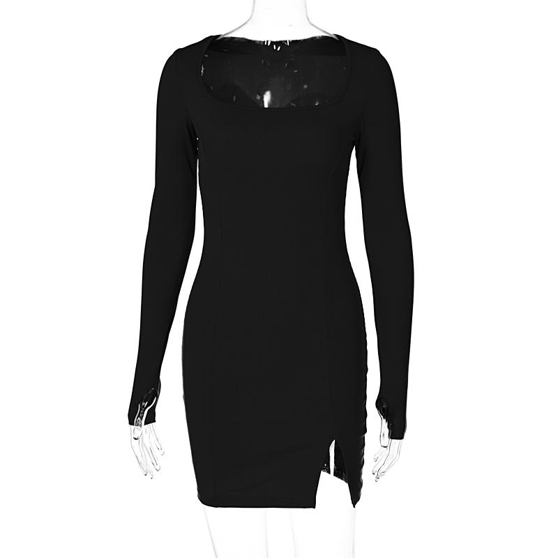 Ribbed Women Solid Long Sleeve Slit Mini Dress Square Collar Bodycon Sexy Streetwear Party Club Autumn Winter