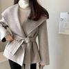 Korea Chic Autumn Winter Retro Coat Women Fashion Simple Design Lapel Woolen Jacket Tie Grey Pocket Casual Short Blends New