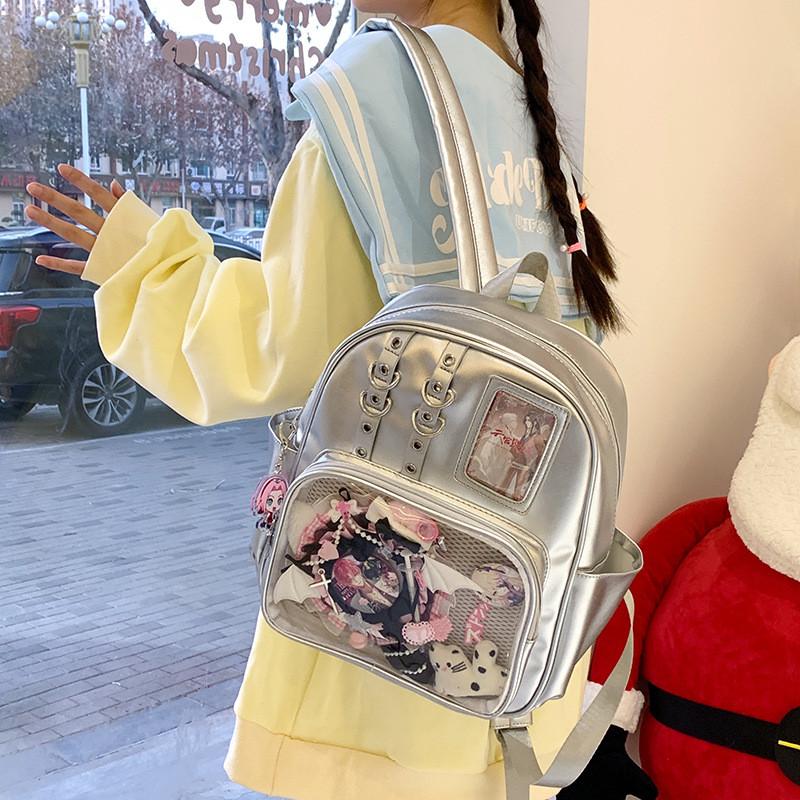 Urban Minimalist Womens Backpack With Transparent Compartment Display Badge For Daily Use