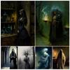 Ghost House and Gothic Witch Antique Wall Art Oil Painting Retro Witch Room Decoration Art Poster
