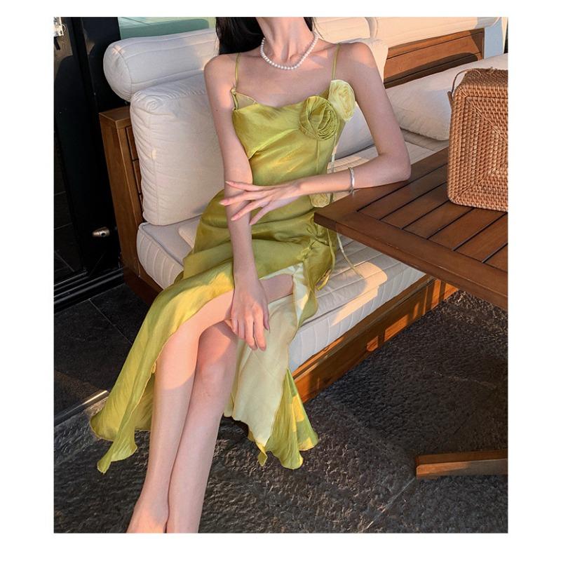 Женские летние элегантные длинные платья с открытой шеей и разрезом, двухслойные длинные платья с лямкой на шее