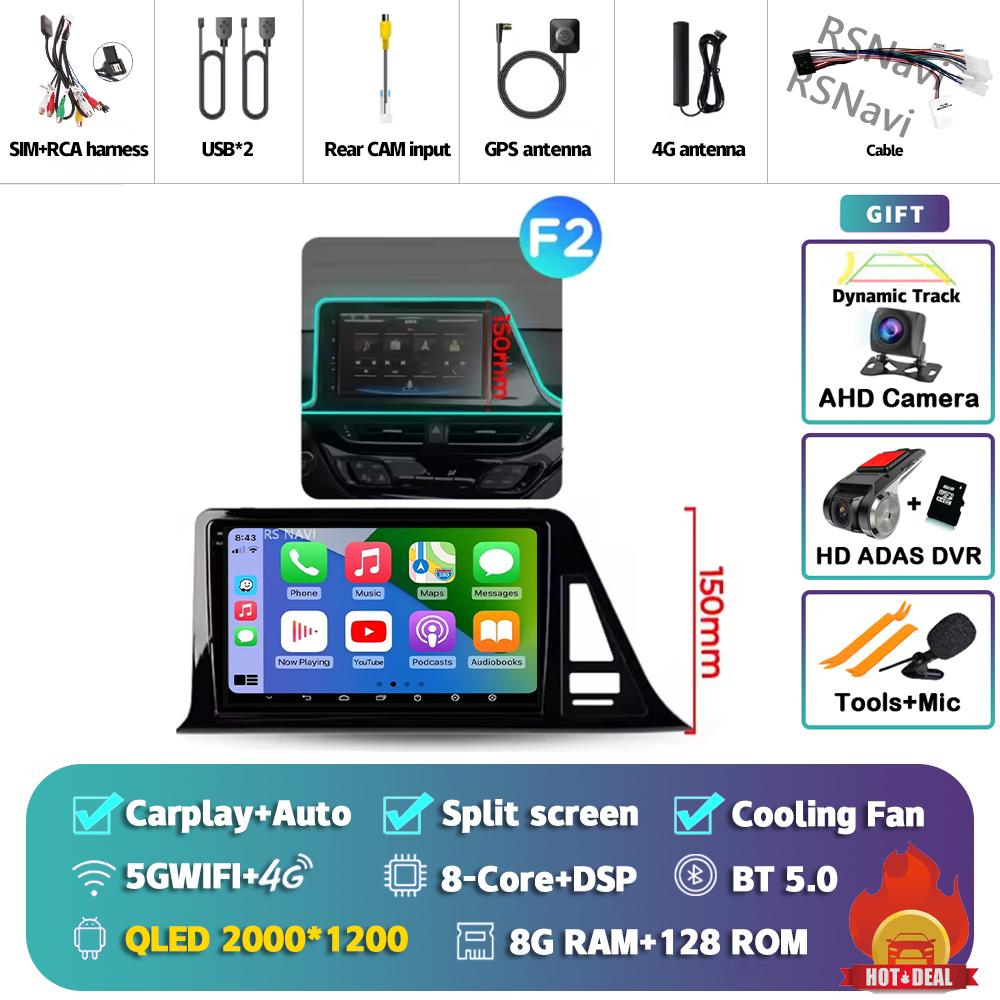 Android 14 Carplay Auto Для Toyota C-HR 2016 - 2020 Автомагнитола Мультимедийный DVD-стерео 360 Камера Навигация Видео AI Голосовое управление