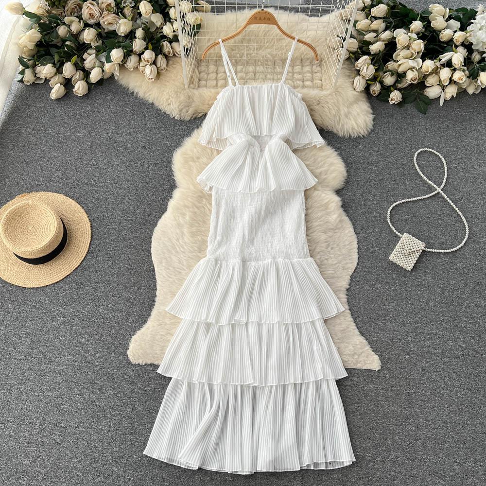Women Summer Dress Sweet Chiffon Suspender Temperament French Gentleness Elegant Feeling Ruffle Cake Fairy Dress D3227
