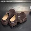 Замшевые туфли на толстой платформе женские мюли модные туфли на высоком каблуке 2025 тренд зима новый бренд пряжка повседневные женские туфли