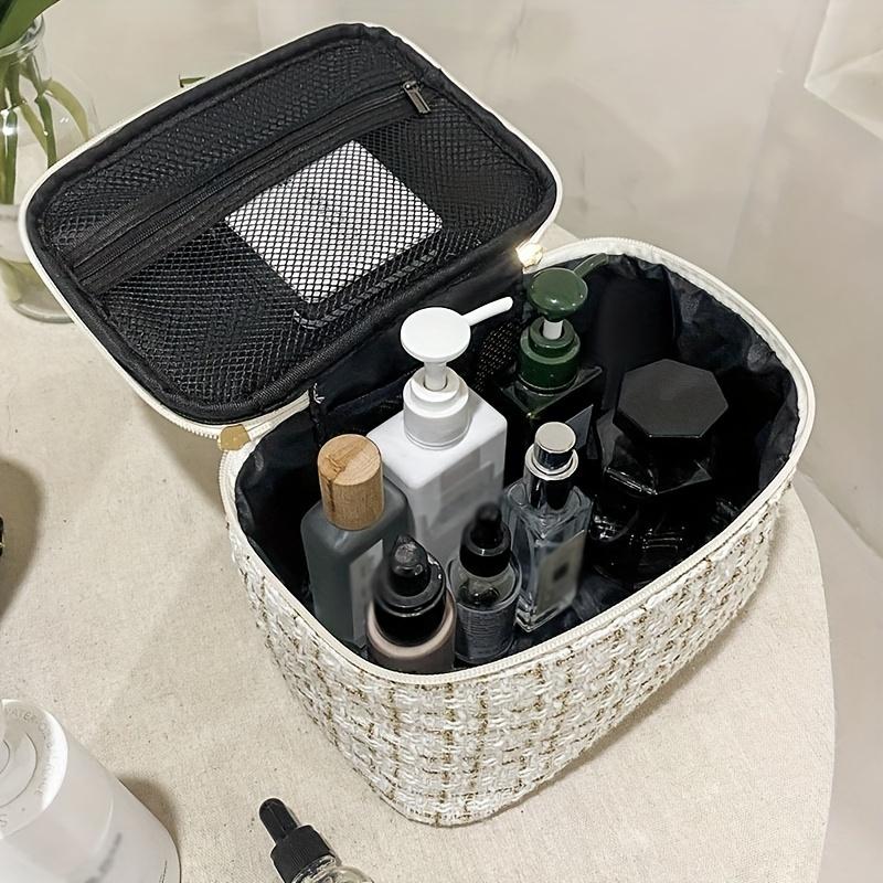 Elegant Tweed Makeup Case with Handle, Large Capacity Cosmetic Storage Bag, Portable Travel Toiletry Bag for Women