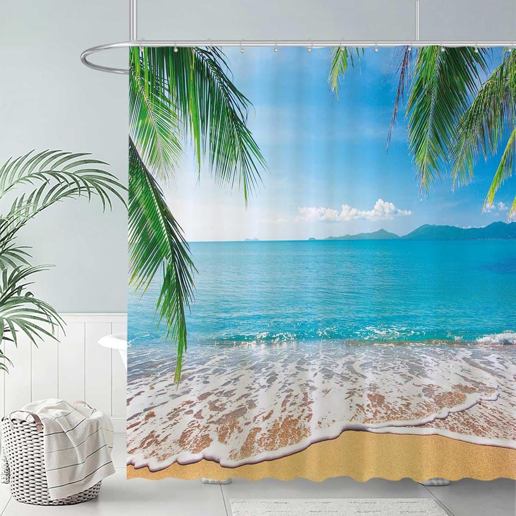 Allenjoy 72" x 72" Tropical Beach Shower Curtain Summer Seaside Scene Ocean Island Palm Tree Bathroom Decorations Curtain Durable Bathtub Showers