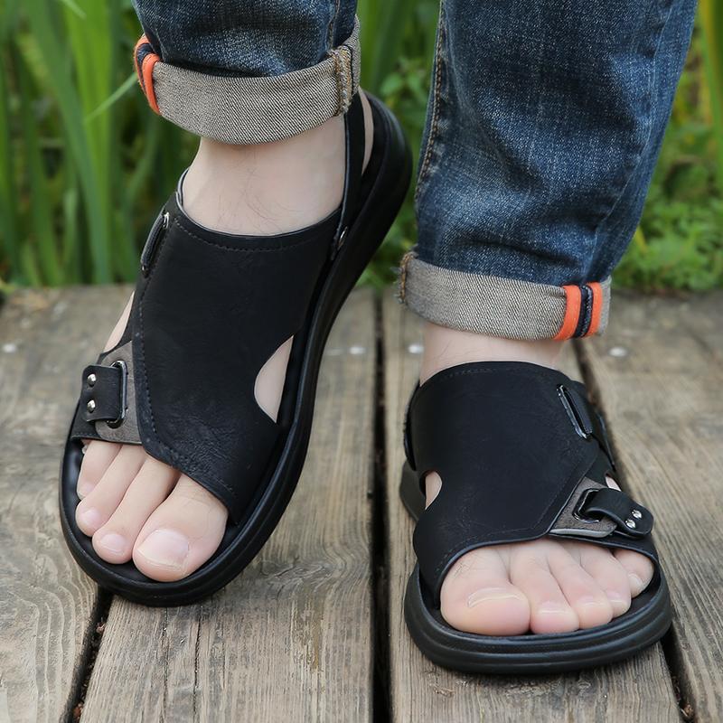 Модные черные мужские сандалии кожаные повседневные сандалии летние пляжные сандалии для мужчин уличные нескользящие тапочки на платформе Sandalias Hombre